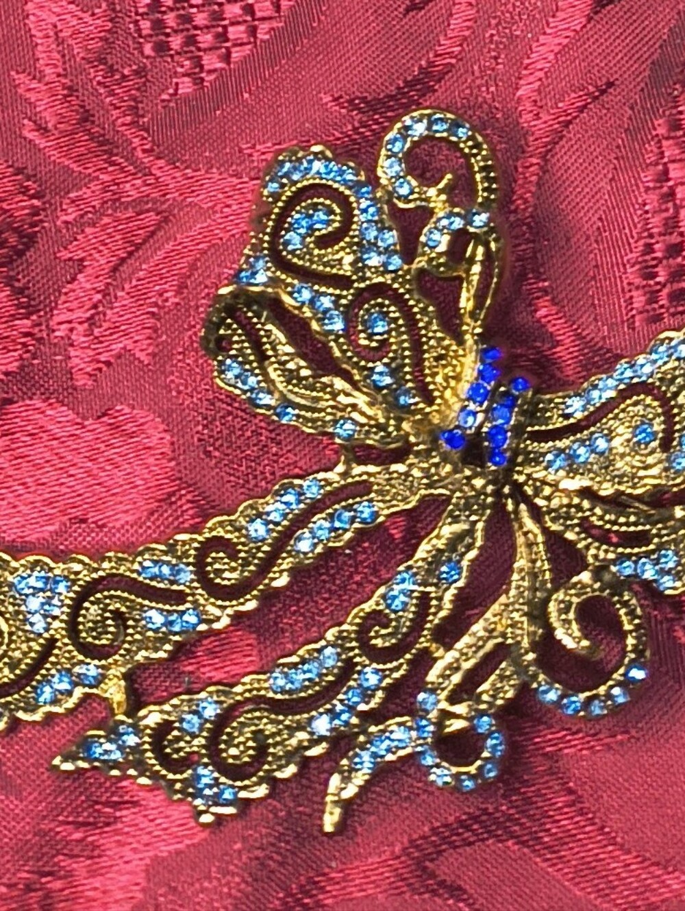 Large Sapphire Blue Crystal Bow Brooch Gold Tone Rhinestone Statement Pin 4.25"